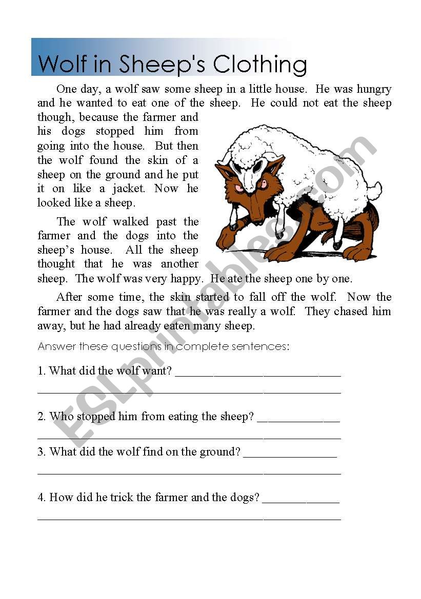 Reading Comprehension wolf in sheeps clothing - ESL worksheet by shamus