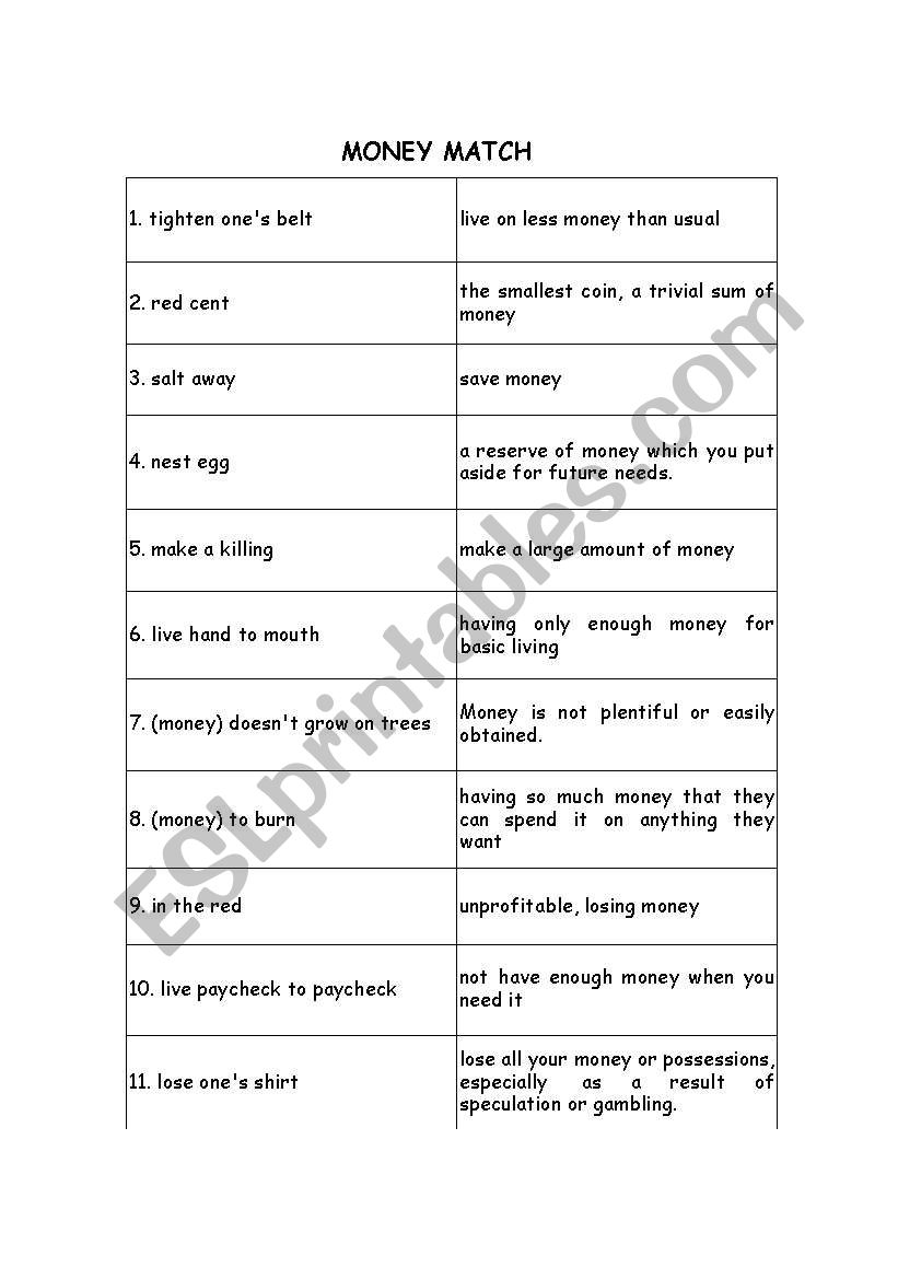 money match strips worksheet