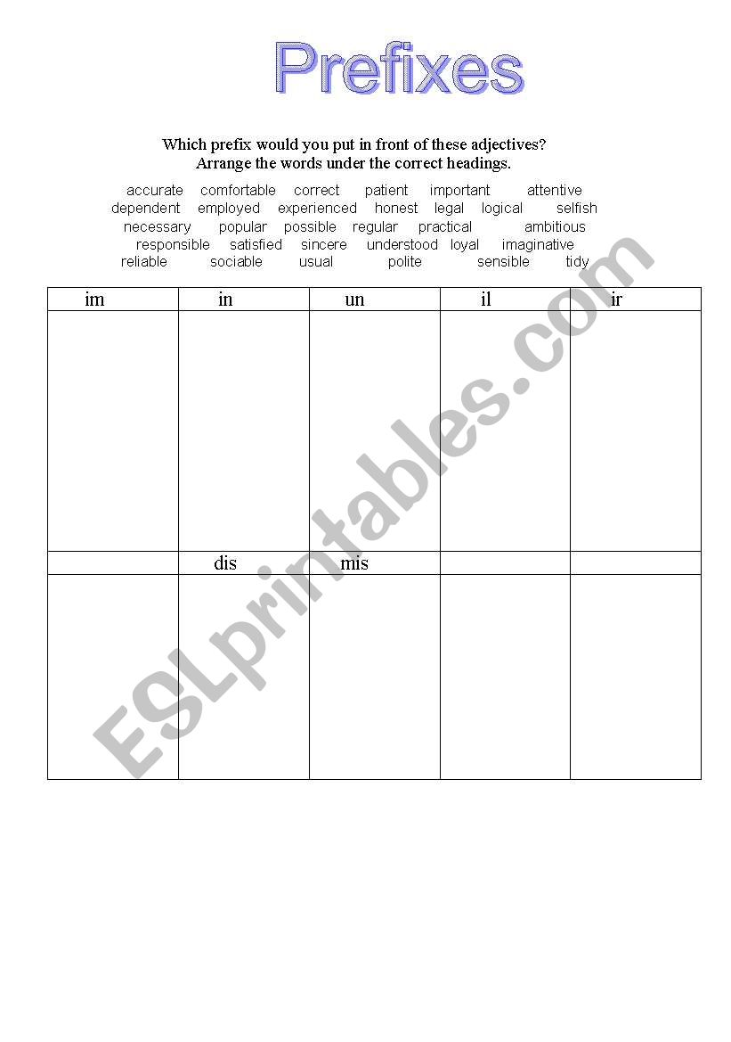 Prefixes with adjectives worksheet