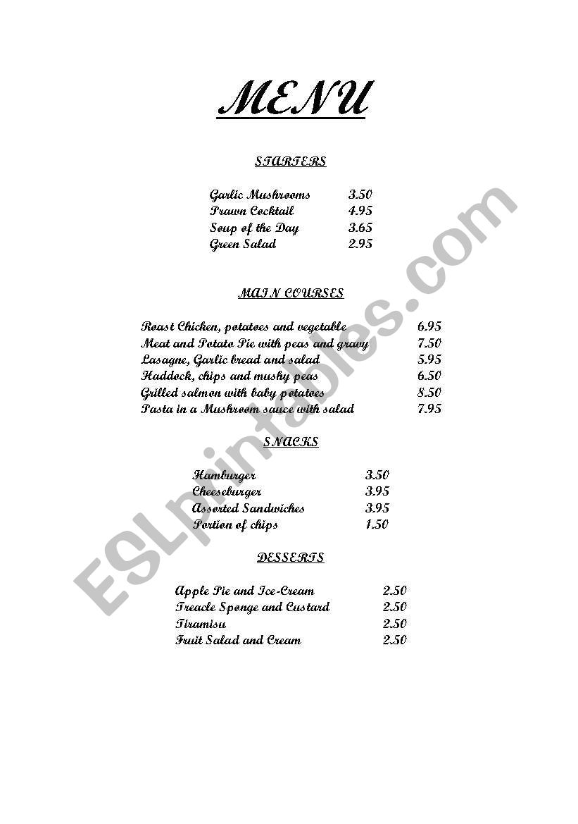 Typical English Pub Menu worksheet