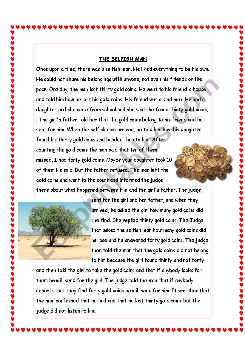 Reading Moral Story The Selfish Man Exercises And Worksheet Esl Worksheet By Emrehong21