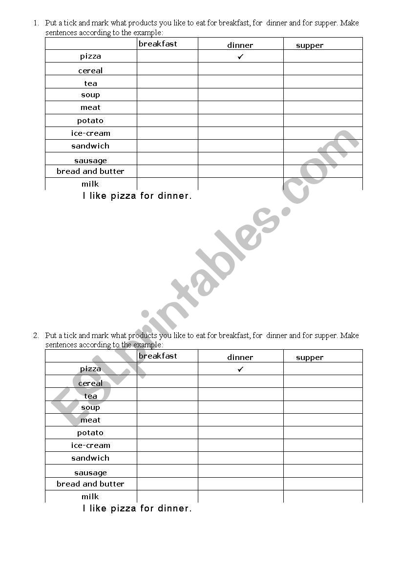 Food and meals worksheet