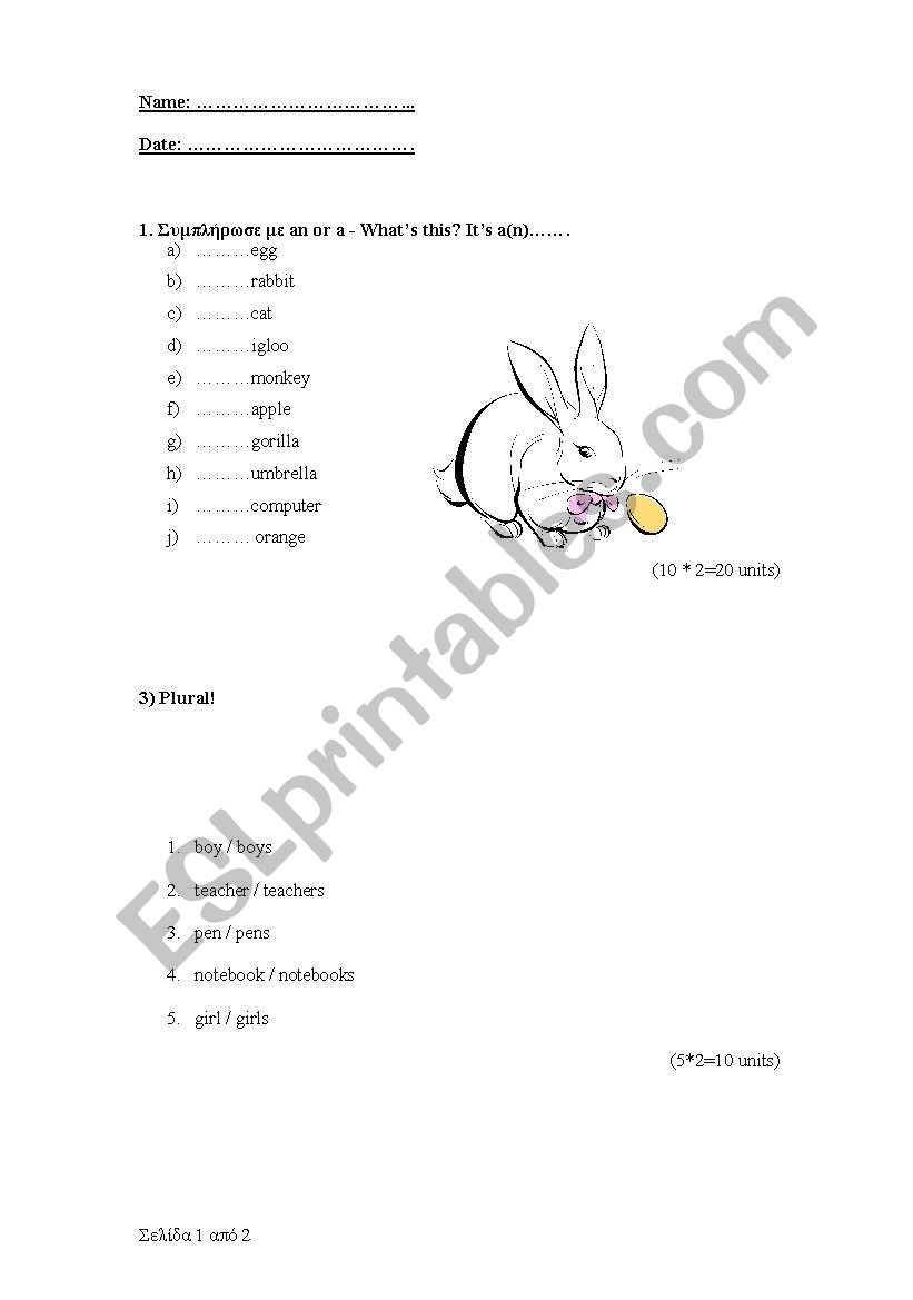 a or an? plural worksheet