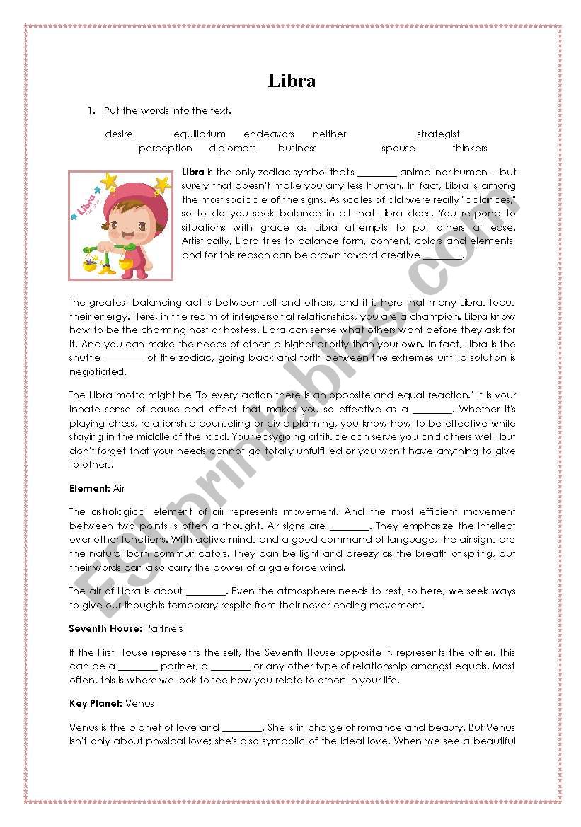 LIBRA zodiac sign reading worksheet