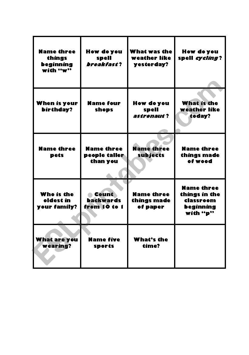 Game worksheet