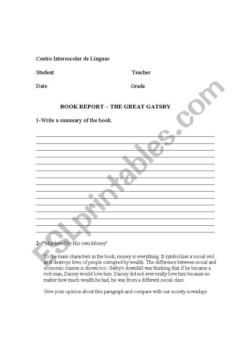 The Great Gatby -Book Report worksheet
