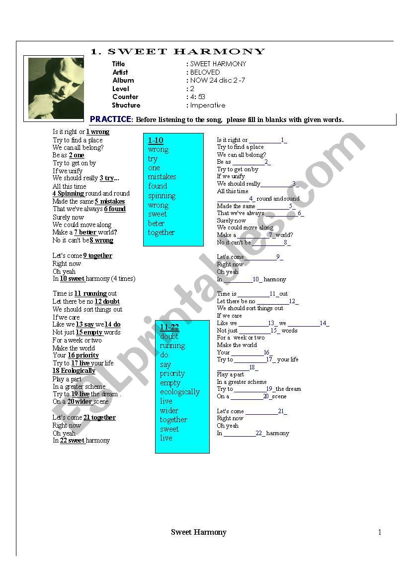 sweet harmony worksheet