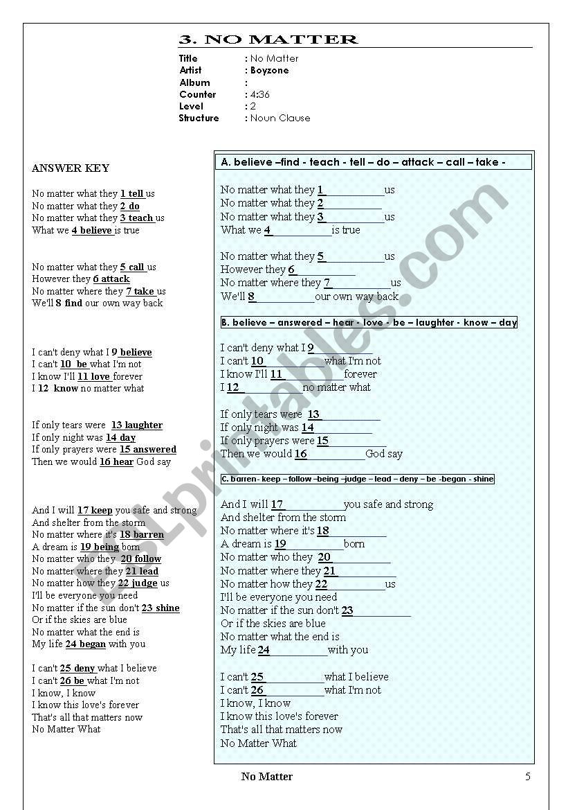 NO MATTER worksheet