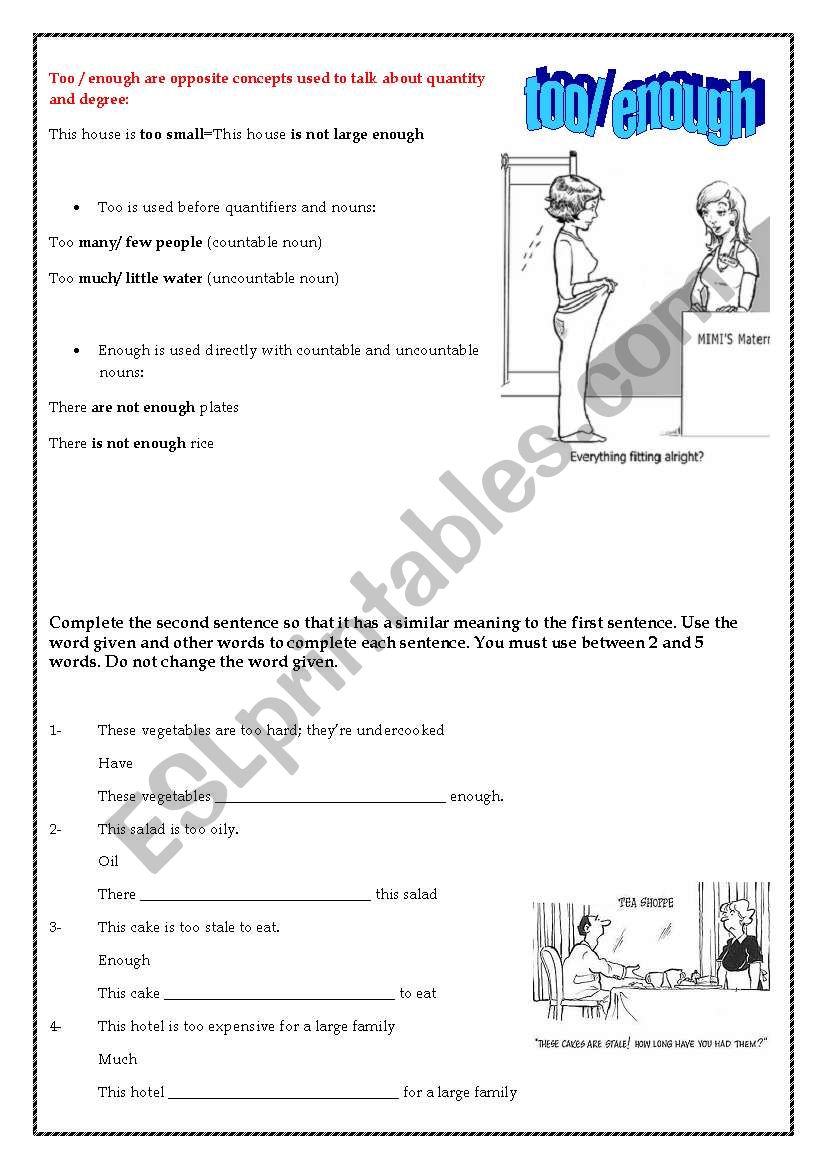 Too/ enough worksheet