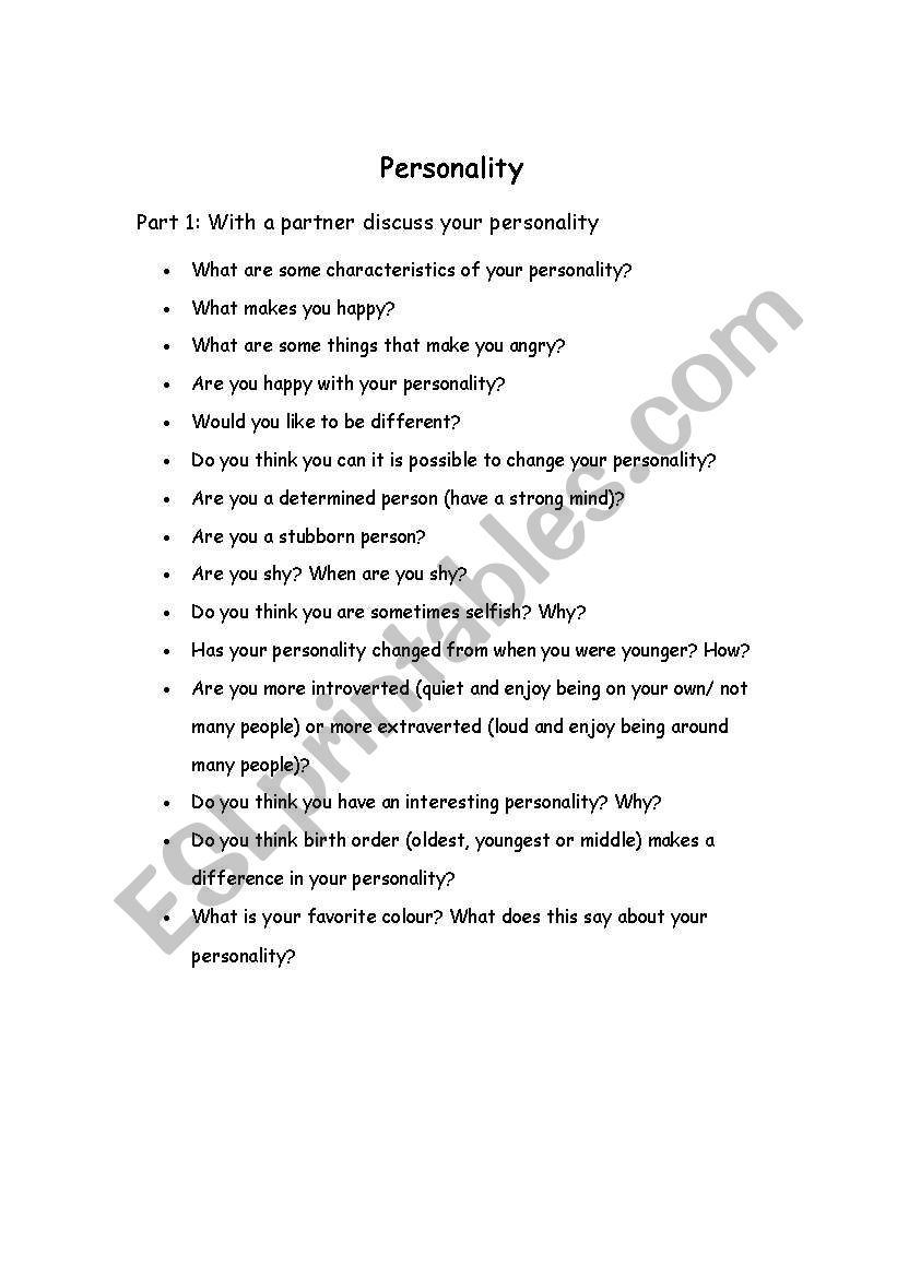 Personality lesson worksheet
