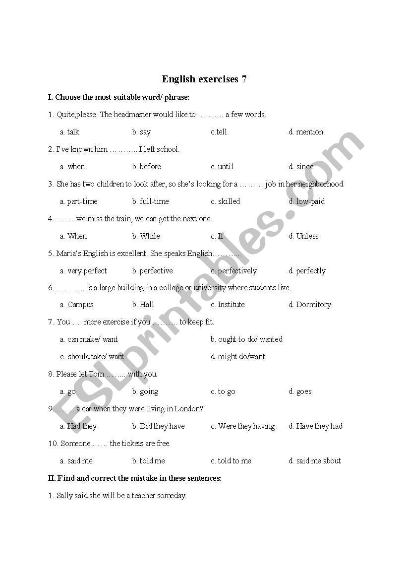 english test worksheet