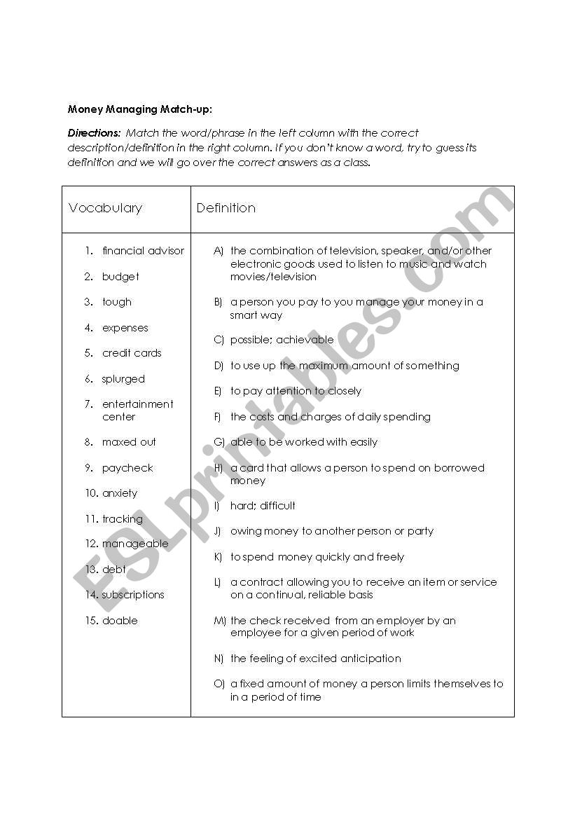 Vocabulary Match-up: Debt worksheet