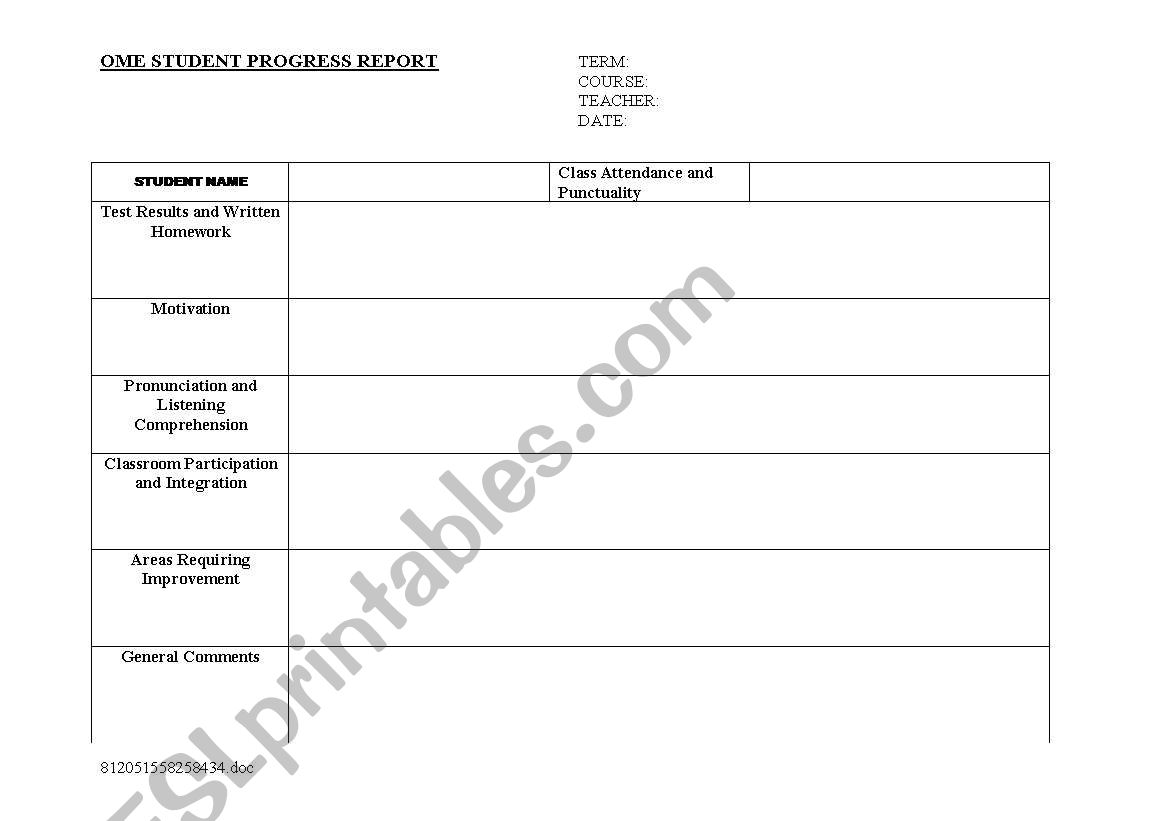 End of Term progress Report worksheet