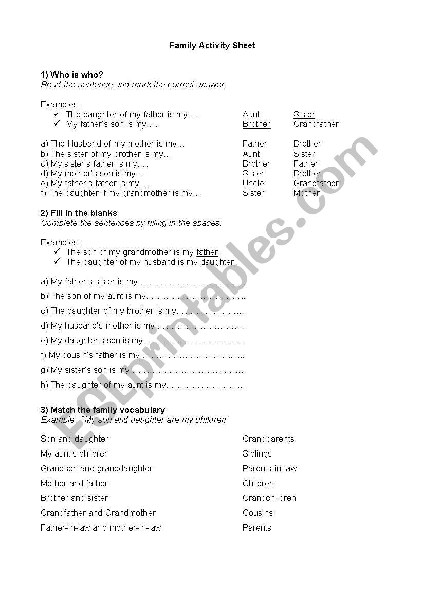 Family members worksheet