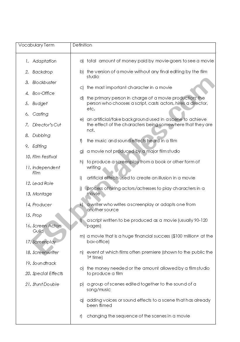 Vocabulary Match-up: Movies worksheet