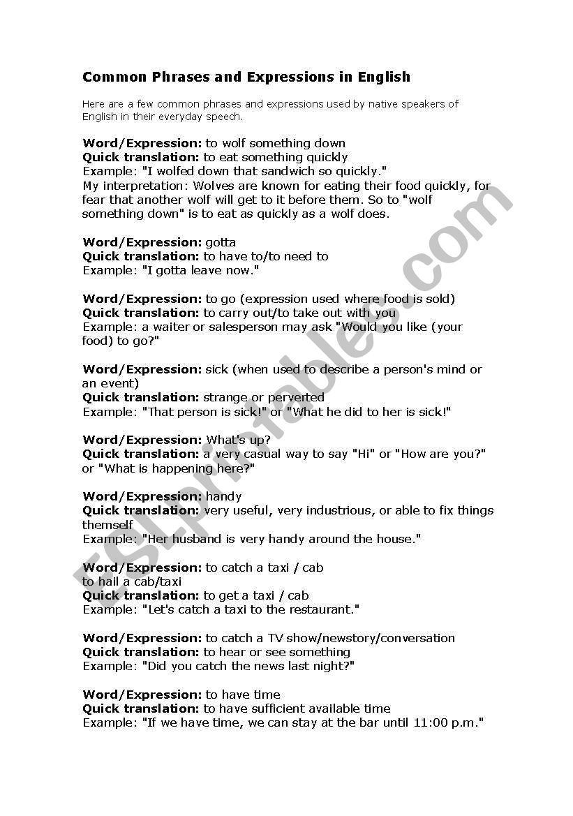 common expressions worksheet