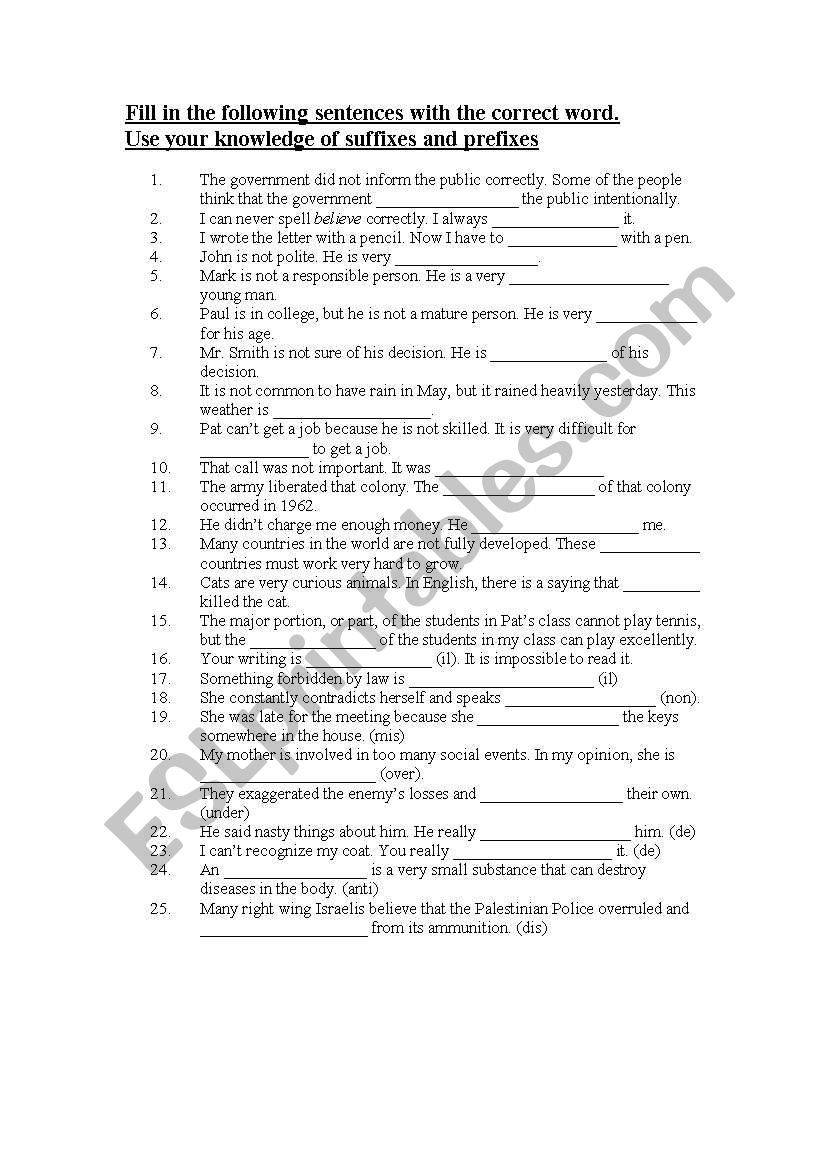 Prefixes & Suffixes worksheet