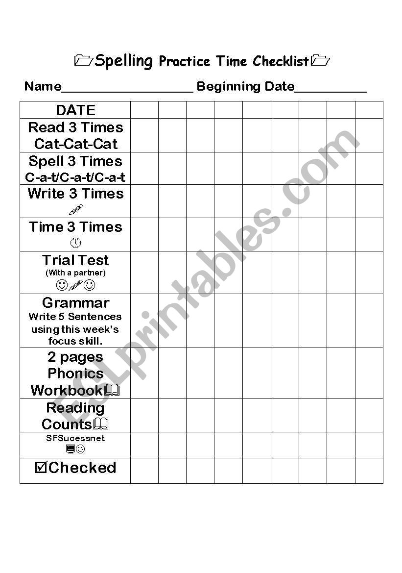 Spelling Practice Checklist worksheet