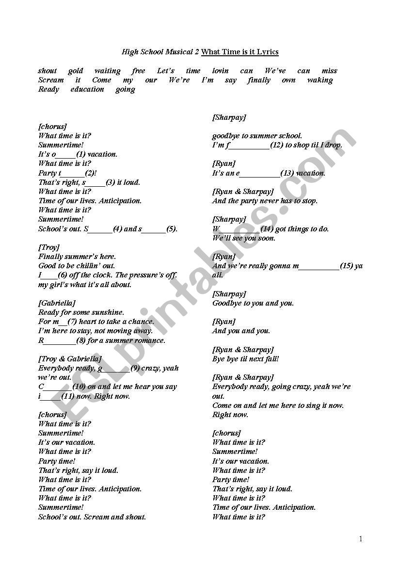 English Worksheets High School Musical 2 What Time Is It Lyrics And Cloze Test