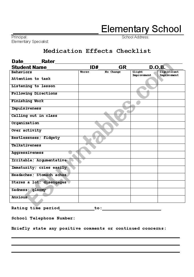 Behavior Checklist worksheet