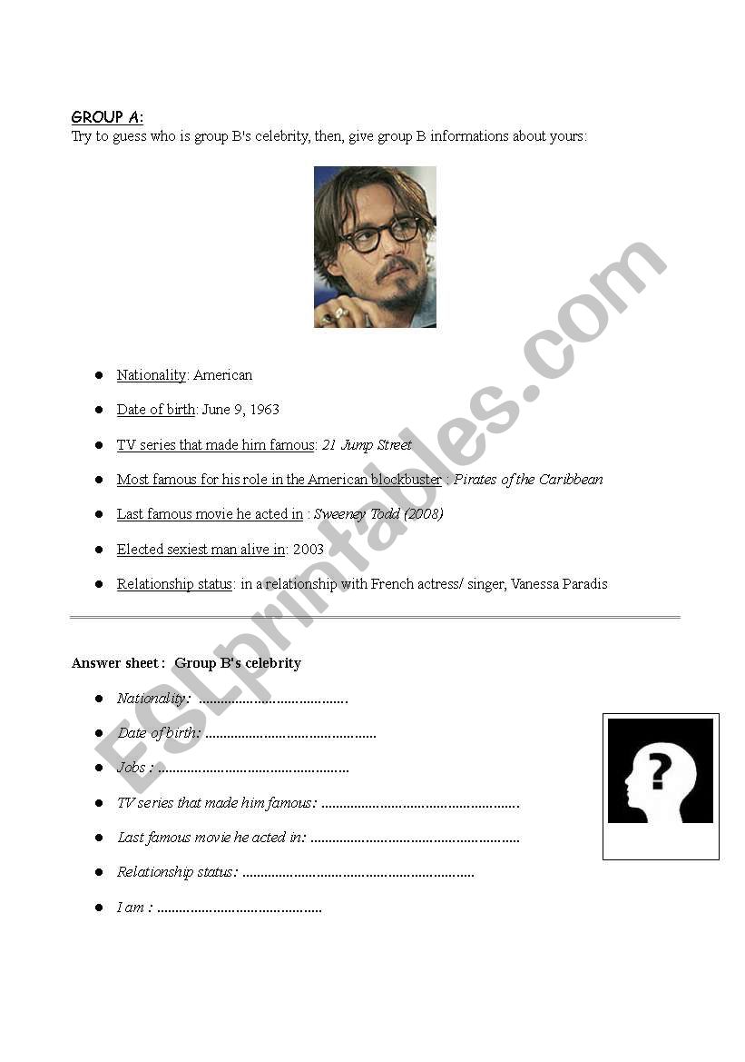 Celebrities worksheet