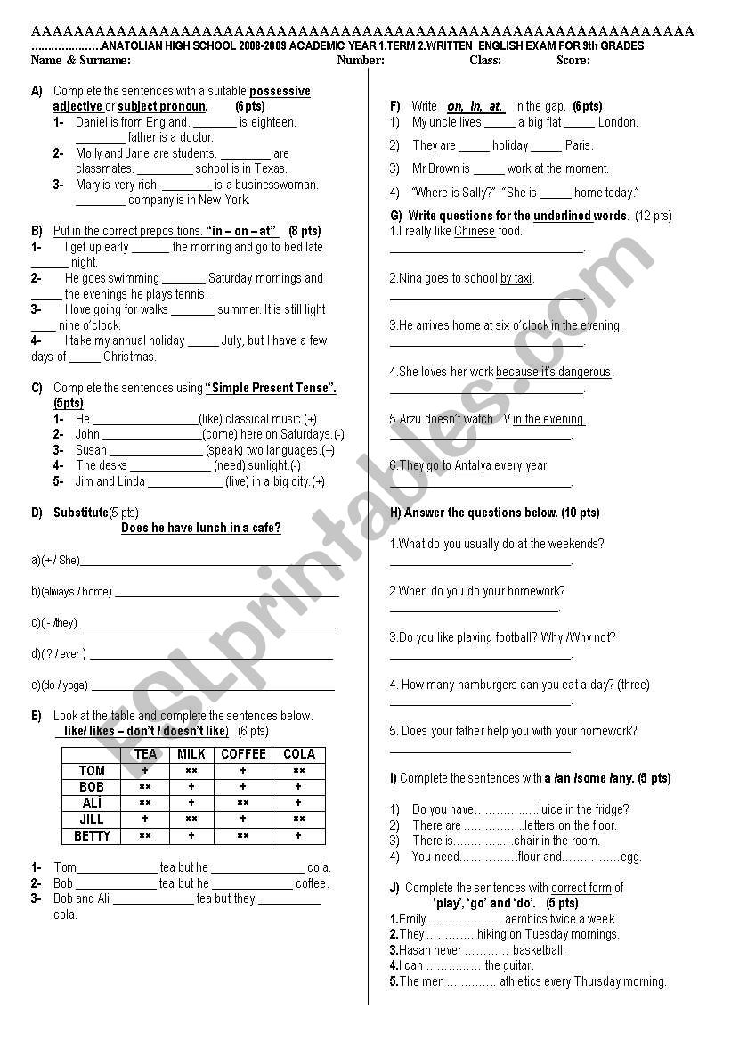 test elementary worksheet