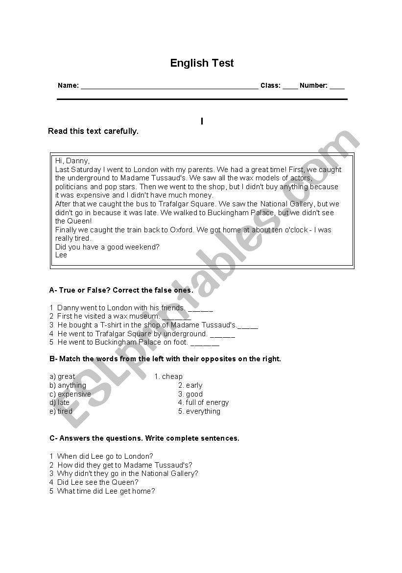 English Test - 7th grade - Travelling