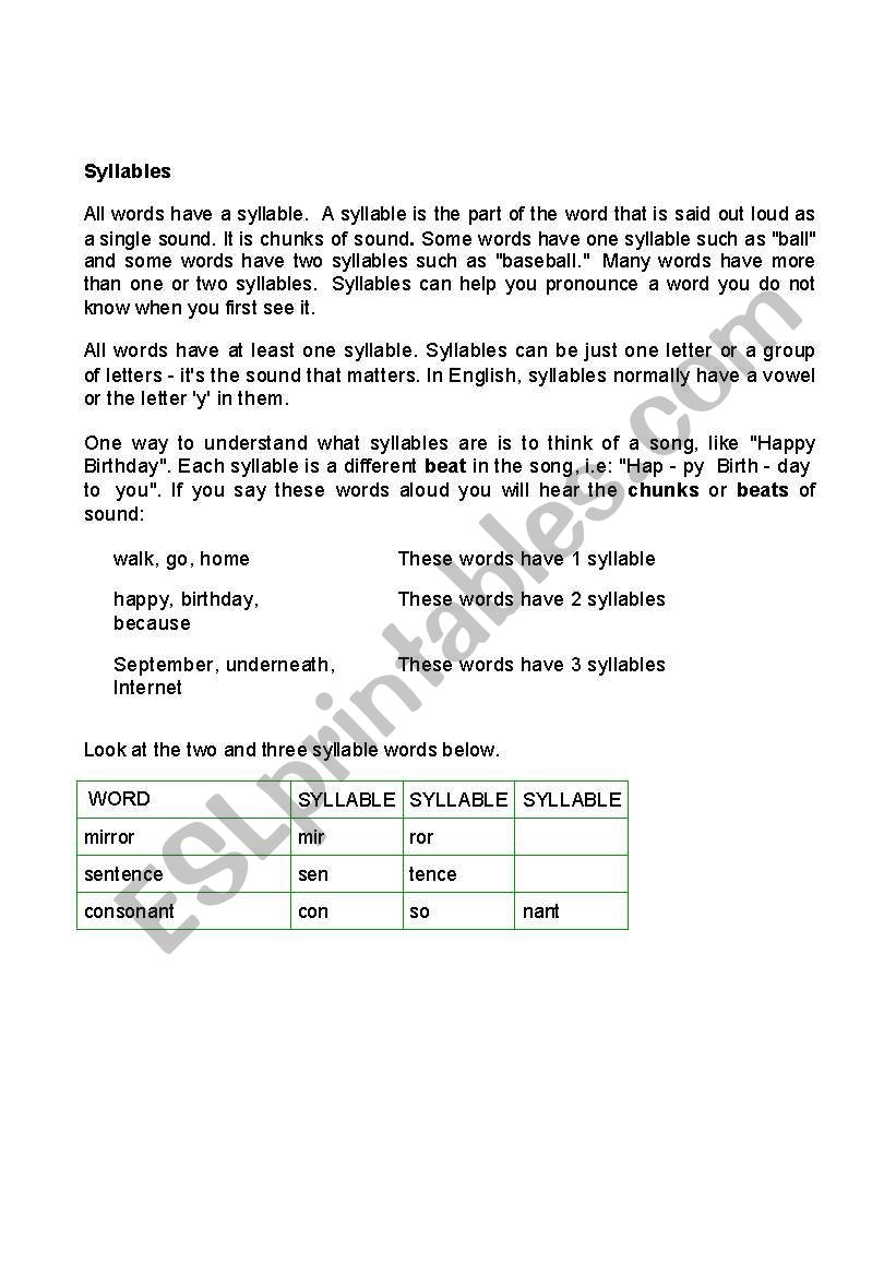 Syllables worksheet