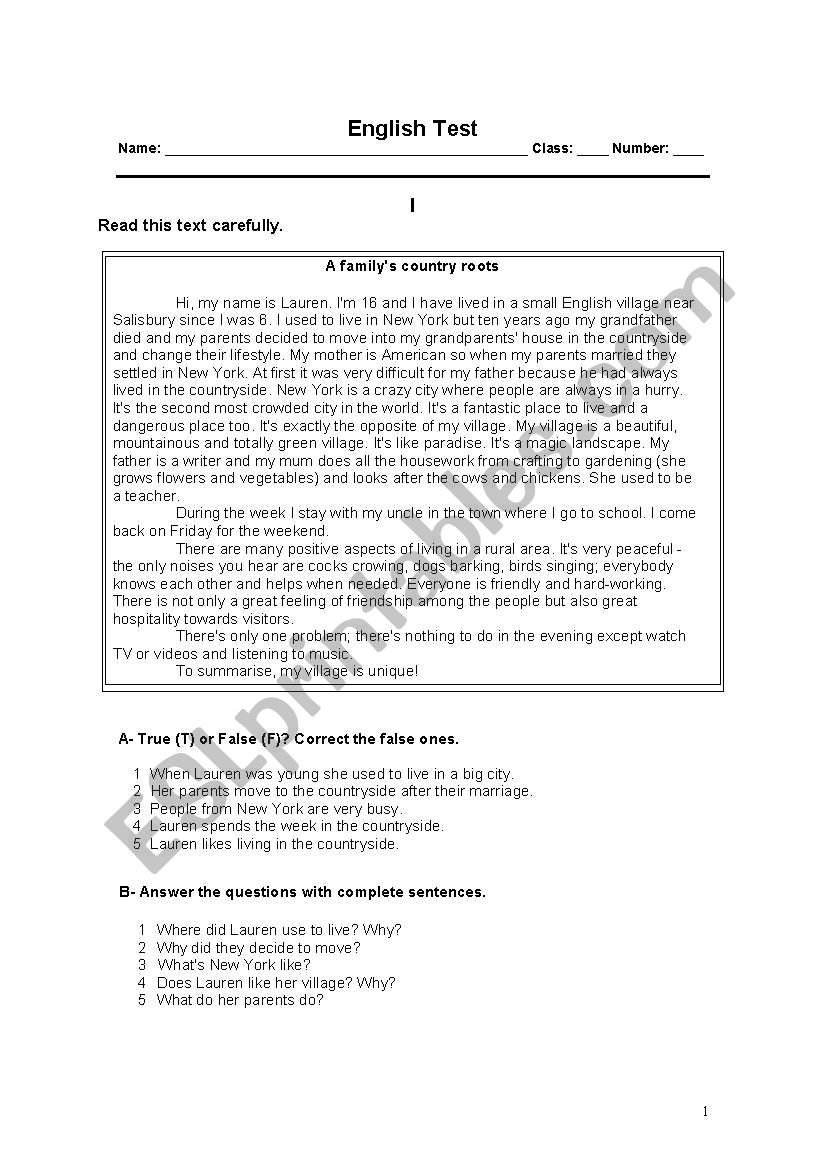 English Test 8th grade - City or Country?