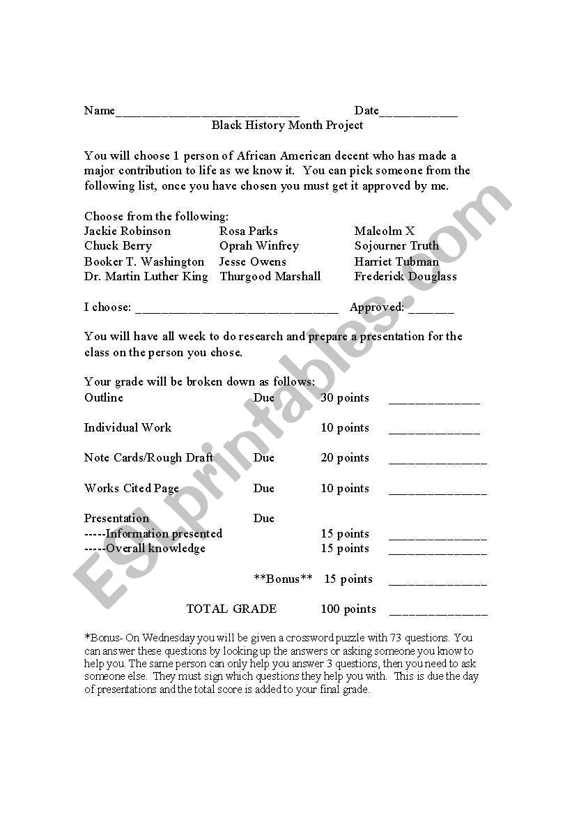 Black History Month Project worksheet