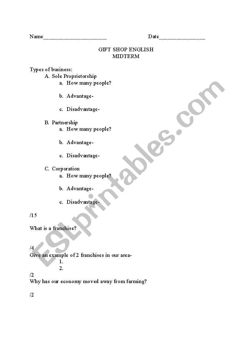 Business English Exam worksheet