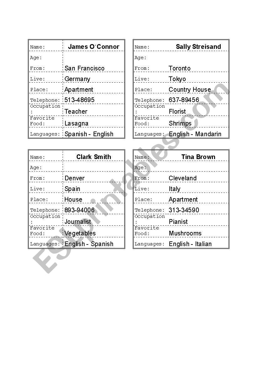 Personal CArds worksheet