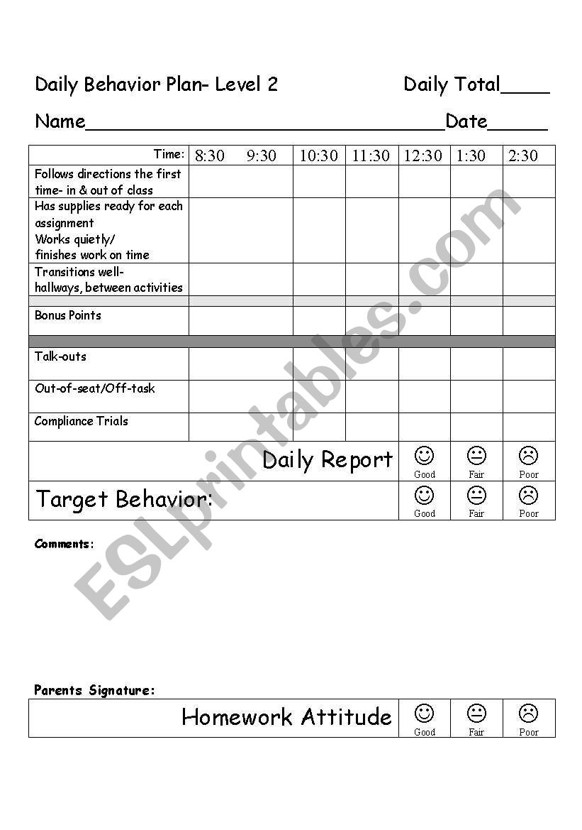 Daily Behavior Plan worksheet