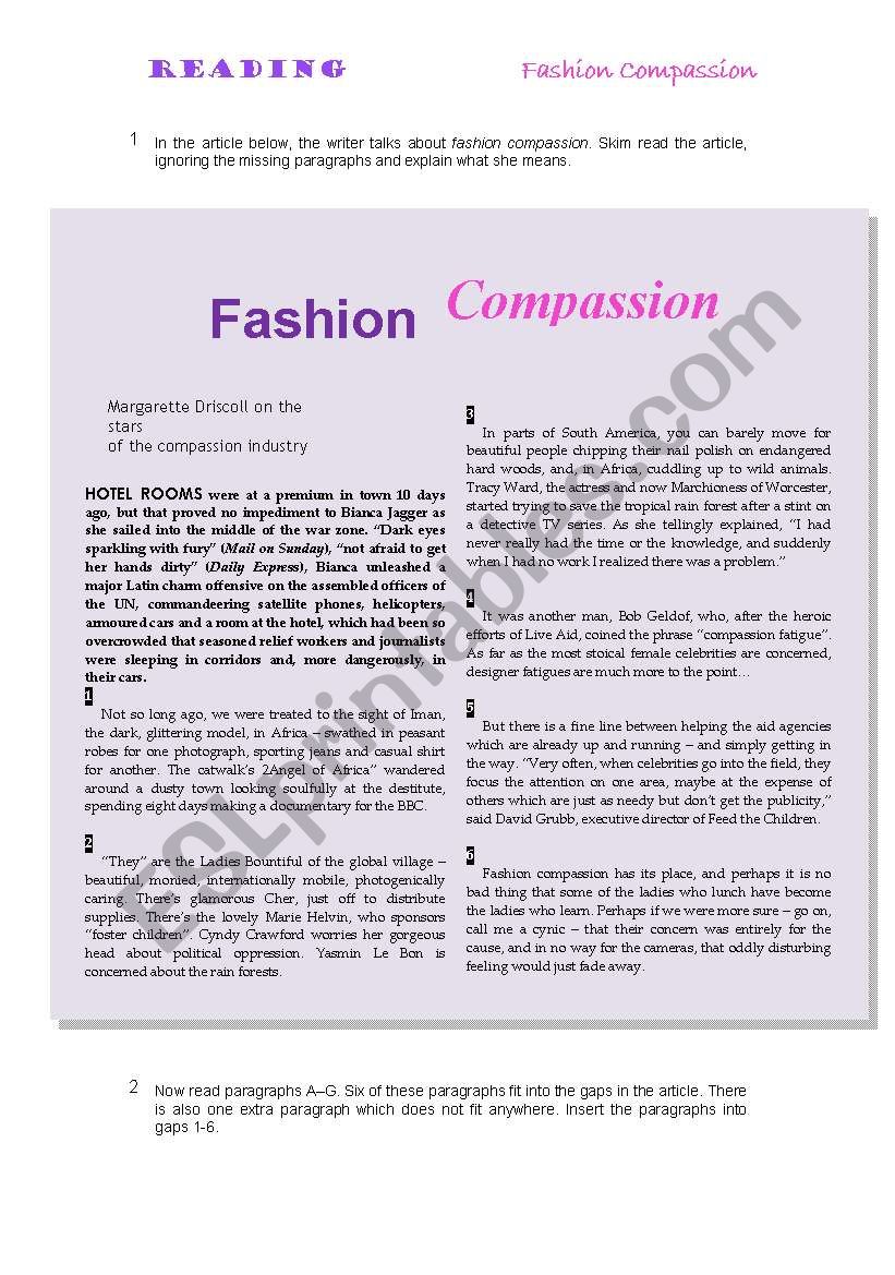 Reading Fashion Compassion worksheet