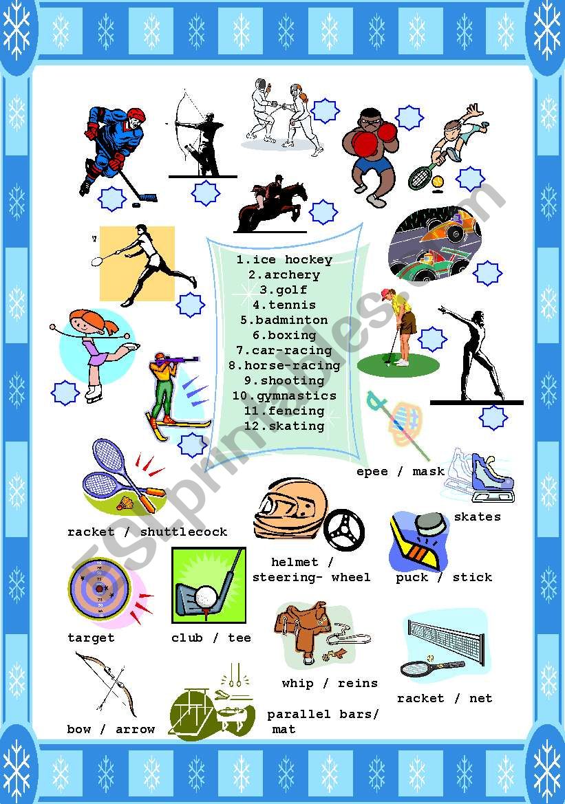 SPORTS + EQUIPMENT ( archery+bow/arrows , horse-racing+whip/reins,etc)