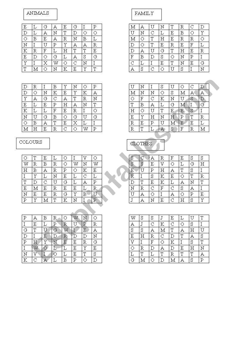 CROSSWORDS about  FAMILY, CLOTHES, ANIMALS and COLOURS