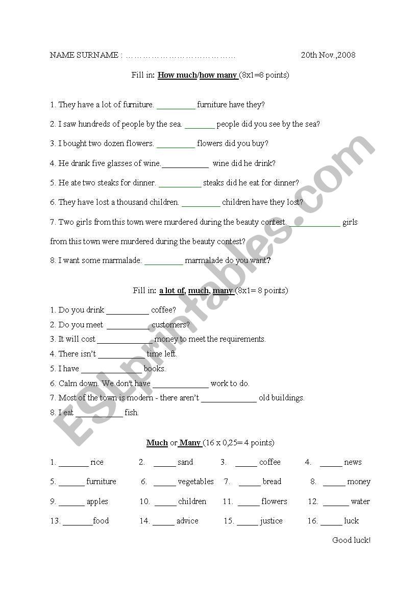 how much and how many worksheet