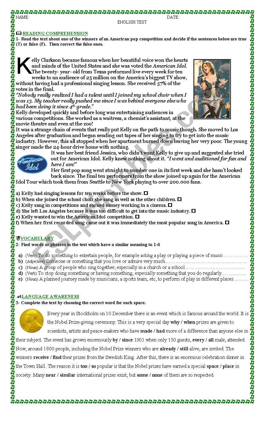  2 -sheet -Contextualized test to evaluate reading, listening and writing