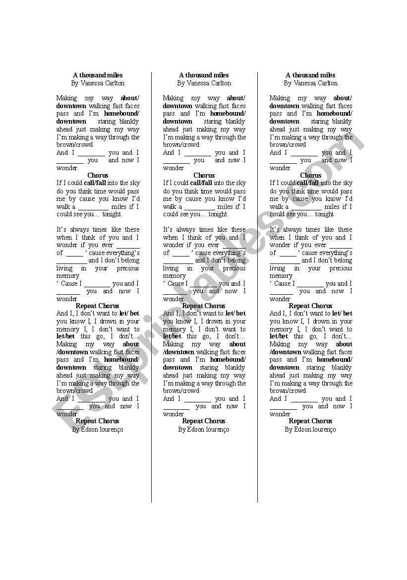 a thousand miles worksheet