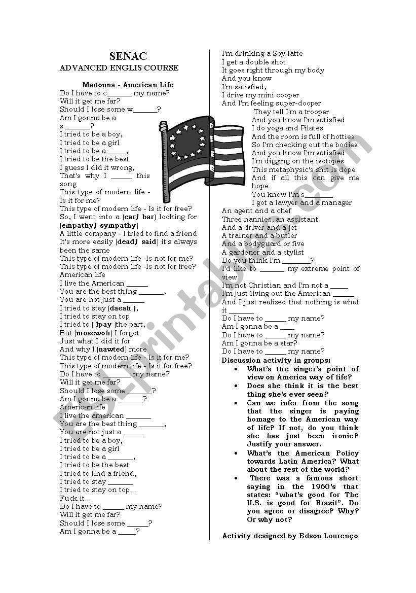 american life by madonna worksheet