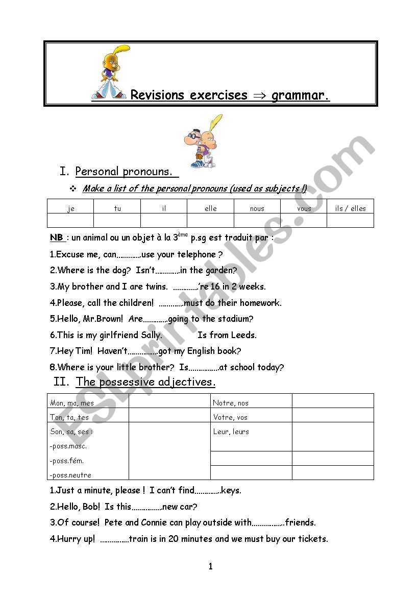 Grammar revisions; personal pronouns, possessive adjectives,...