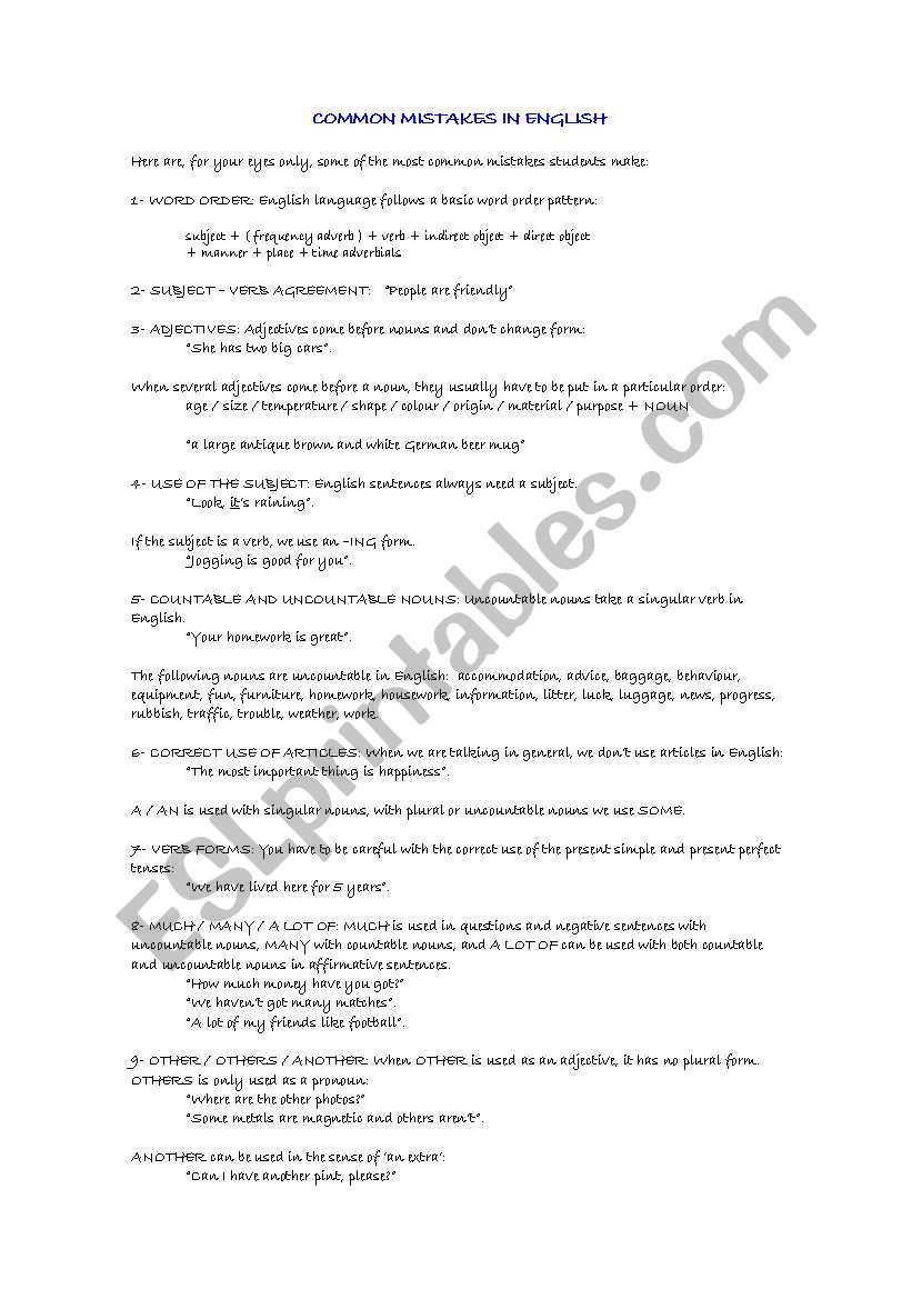 Common mistakes in English worksheet