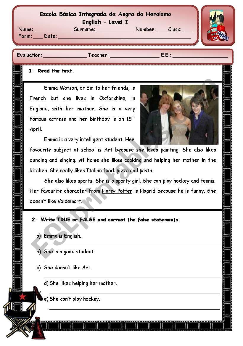 EMMA WATSON - PART 1 worksheet