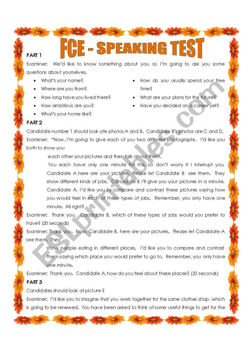 FCE SPEAKING PAPER worksheet