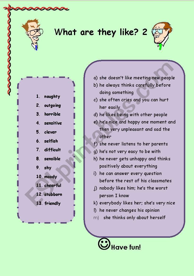Personality adjectives 2 worksheet