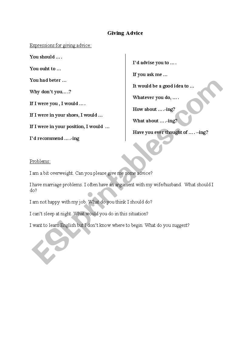Asking for and giving advice worksheet