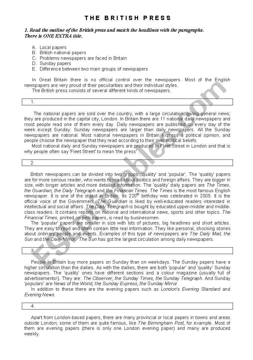 British Press worksheet