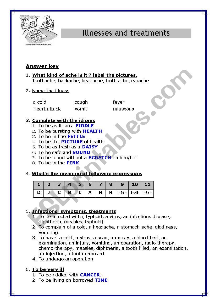 Health  - Illnesses - Part 2 of 2 (Answer key)