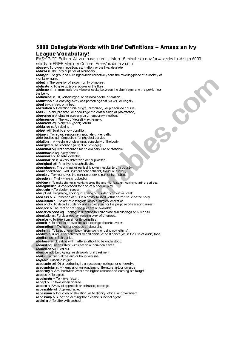vocabulary with Brief Definitions