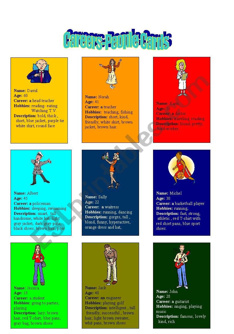 Description Careers Cards worksheet